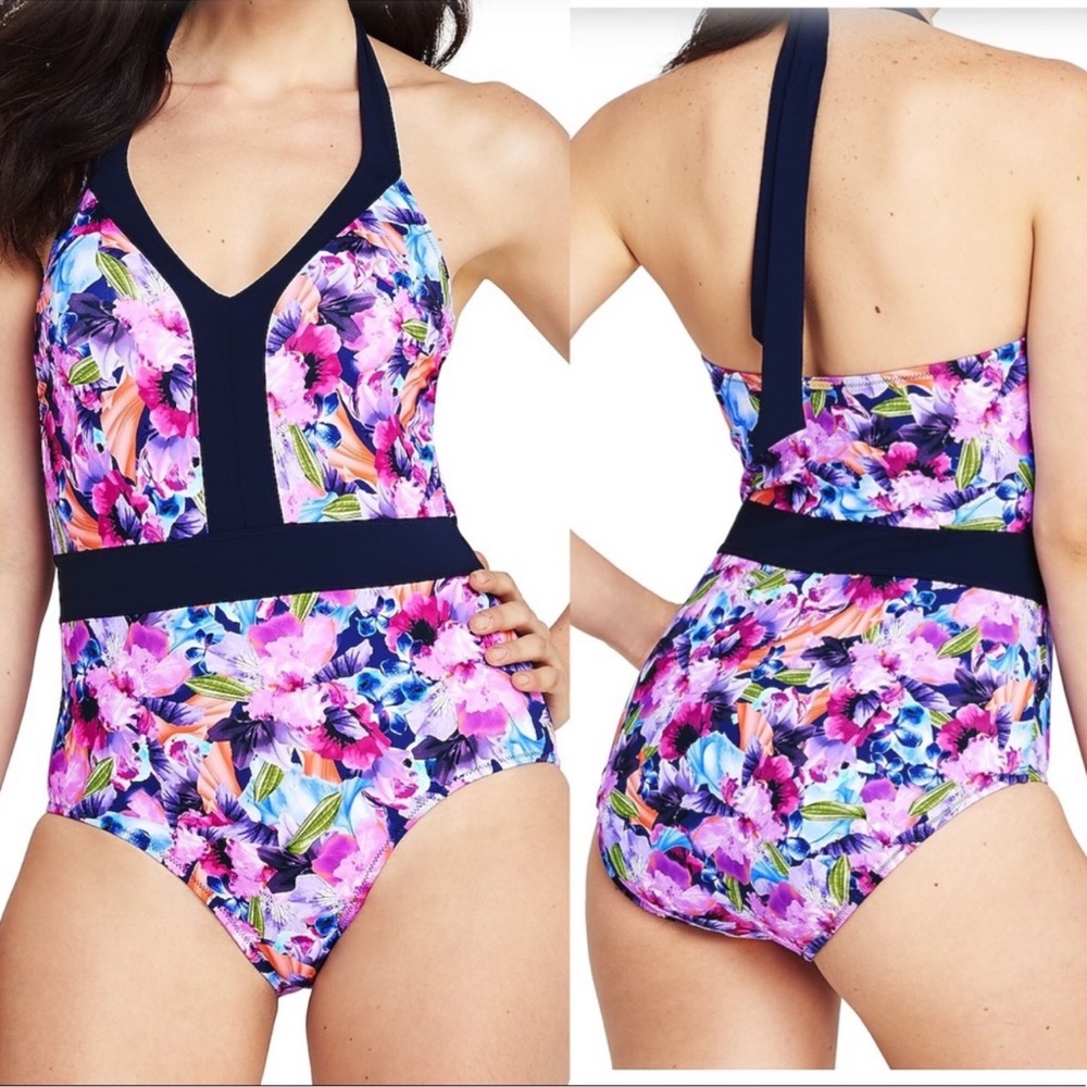 Flattering Lands End floral swimsuit with halter neck and tummy control - 10L